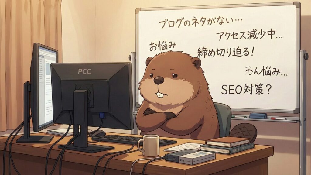 PCの前で腕組みするビーバー